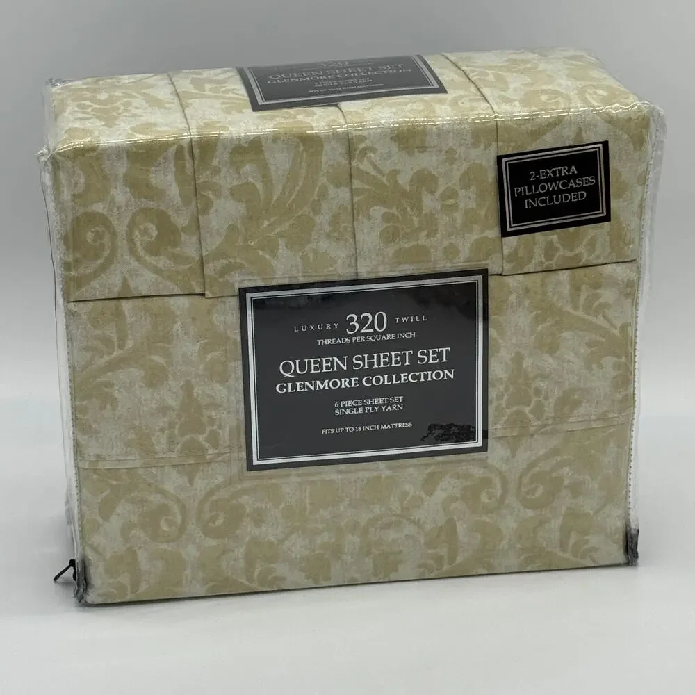 Glenmore Collection 6 pc QUEEN Sheet Set 320 Twill Damask Pattern NEW